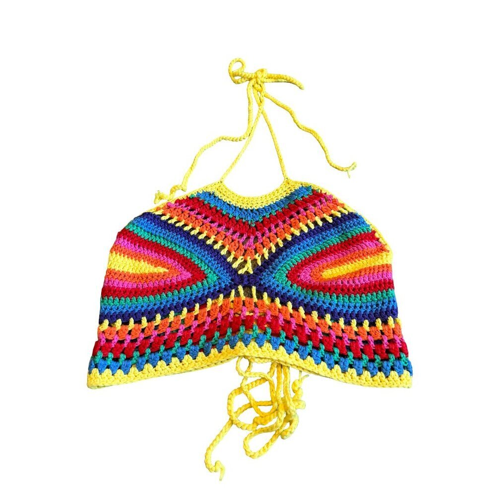 Cider Rainbow Colorful Crocheted Crochet Crop Top Shirt Stretchy Size Small